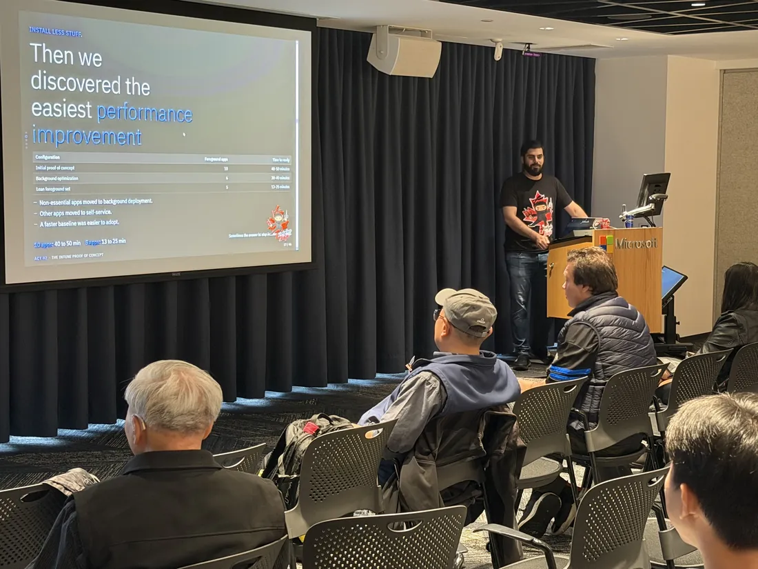 Ali Alame presenting Intune proof of concept results: 10 apps took 40 to 50 minutes, 5 apps took 13 to 25 minutes